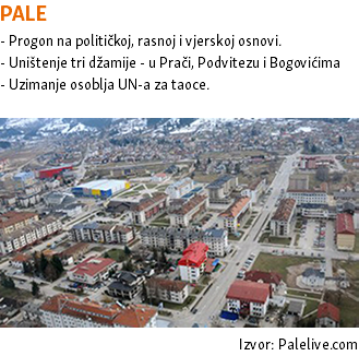 PALE - Progon na političkoj, rasnoj i vjerskoj osnovi. - Uništenje tri džamije - u Prači, Podvitezu i Bogovićima - Uzimanje osoblja UN-a za taoce. ﷯ Izvor: Palelive.com