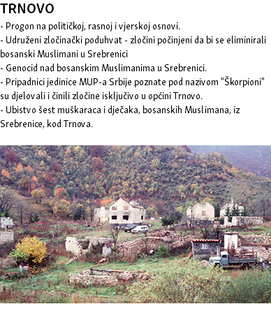 TRNOVO - Progon na političkoj, rasnoj i vjerskoj osnovi. - Udruženi zločinački poduhvat - zločini počinjeni da bi se eliminirali bosanski Muslimani u Srebrenici - Genocid nad bosanskim Muslimanima u Srebrenici. - Pripadnici jedinice MUP-a Srbije poznate pod nazivom "Škorpioni" su djelovali i činili zločine isključivo u općini Trnovo. - Ubistvo šest muškaraca i dječaka, bosanskih Muslimana, iz Srebrenice, kod Trnova. ﷯ 