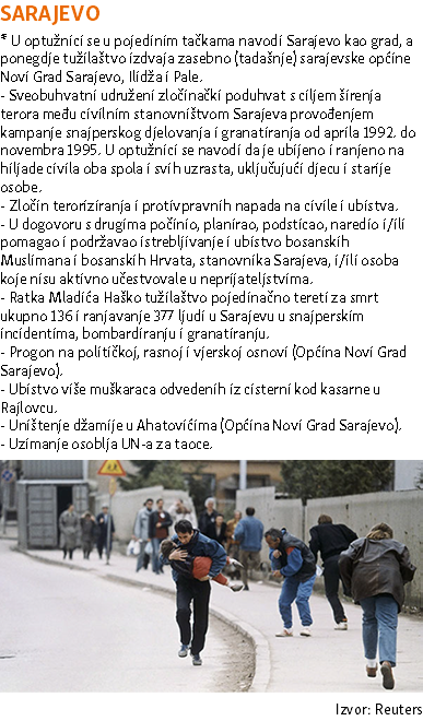 SARAJASASEVO * U optužnici se u pojedinim tačkama navodi Sarajevo kao grad, a ponegdje tužilaštvo izdvaja zasebno (tadašnje) sarajevske općine Novi Grad Sarajevo, Ilidža i Pale. - Sveobuhvatni udruženi zločinački poduhvat s ciljem širenja terora među civilnim stanovništvom Sarajeva provođenjem kampanje snajperskog djelovanja i granatiranja od aprila 1992. do novembra 1995. U optužnici se navodi da je ubijeno i ranjeno na hiljade civila oba spola i svih uzrasta, uključujući djecu i starije osobe. - Zločin teroriziranja i protivpravnih napada na civile i ubistva. - U dogovoru s drugima počinio, planirao, podsticao, naredio i/ili pomagao i podržavao istrebljivanje i ubistvo bosanskih Muslimana i bosanskih Hrvata, stanovnika Sarajeva, i/ili osoba koje nisu aktivno učestvovale u neprijateljstvima. - Ratka Mladića Haško tužilaštvo pojedinačno tereti za smrt ukupno 136 i ranjavanje 377 ljudi u Sarajevu u snajperskim incidentima, bombardiranju i granatiranju. - Progon na političkoj, rasnoj i vjerskoj osnovi (Općina Novi Grad Sarajevo). - Ubistvo više muškaraca odvedenih iz cisterni kod kasarne u Rajlovcu. - Uništenje džamije u Ahatovićima (Općina Novi Grad Sarajevo). - Uzimanje osoblja UN-a za taoce. ﷯ Izvor: Reuters