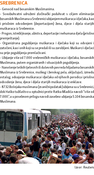 SREBRENICA - Genocid nad bosanskim Muslimanima. - Sveobuhvatni udruženi zločinački poduhvat s ciljem eliminacije bosanskih Muslimana u Srebrenici ubijanjem muškaraca i dječaka, kao i prisilnim odvođenjem (deportacijom) žena, djece i dijela starijih muškaraca iz Srebrenice. - Progon, istrebljivanje, ubistva, deportacije i nehumana djela (prisilno premještanje). - Organizirana pogubljenja muškaraca i dječaka koji su odvojeni i zatočeni, kao i onih koji su se predali ili su zarobljeni. Muškarci i dječaci su prije pogubljenja premlaćivani. - Ubijanje više od 7.000 srebreničkih muškaraca i dječaka, bosanskih Muslimana, putem organiziranih i situacijskih pogubljenja. - Nanošenje teških tjelesnih ili duševnih povreda hiljadama bosanskih Muslimana iz Srebrenice, muškog i ženskog pola, uključujući, između ostalog, odvajanje muškaraca i dječaka od njihovih porodica i prisilno odvođenje žena, djece i dijela starijih muškaraca iz enklave. - 8732 Bošnjaka muslimana (zvanični podatak) ubijena su u Srebrenici, dok Haško tužilaštvo u optužnici protiv Ratka Mladića navodi “više od 7.000”, a u posebnom prilogu navodi zasebno ubijanja 5.104 bosanska Muslimana. ﷯ Izvor: Reuters 