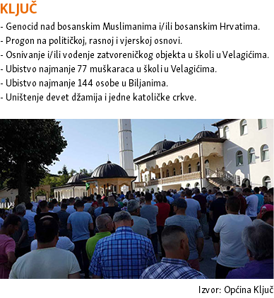 KLJUČ - Genocid nad bosanskim Muslimanima i/ili bosanskim Hrvatima. - Progon na političkoj, rasnoj i vjerskoj osnovi. - Osnivanje i/ili vođenje zatvoreničkog objekta u školi u Velagićima. - Ubistvo najmanje 77 muškaraca u školi u Velagićima. - Ubistvo najmanje 144 osobe u Biljanima. - Uništenje devet džamija i jedne katoličke crkve. ﷯ Izvor: Općina Ključ
